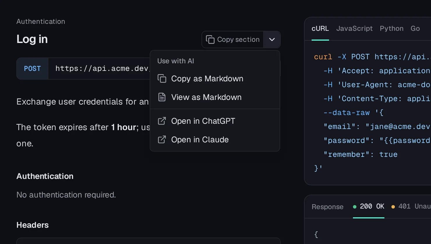 The page actions menu: Copy as Markdown, View as Markdown, Open in ChatGPT, and Open in Claude.