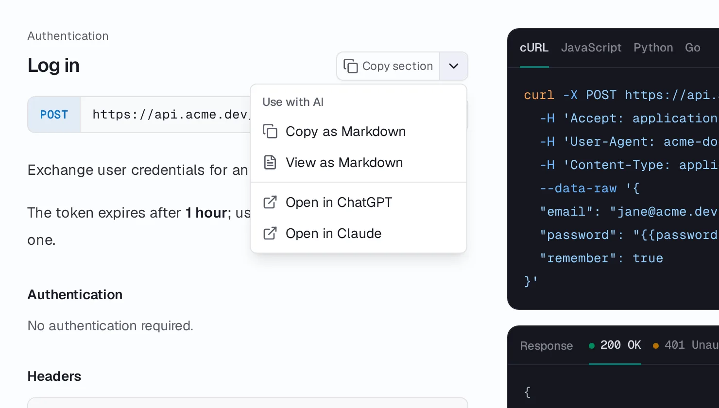 The page actions menu: Copy as Markdown, View as Markdown, Open in ChatGPT, and Open in Claude.