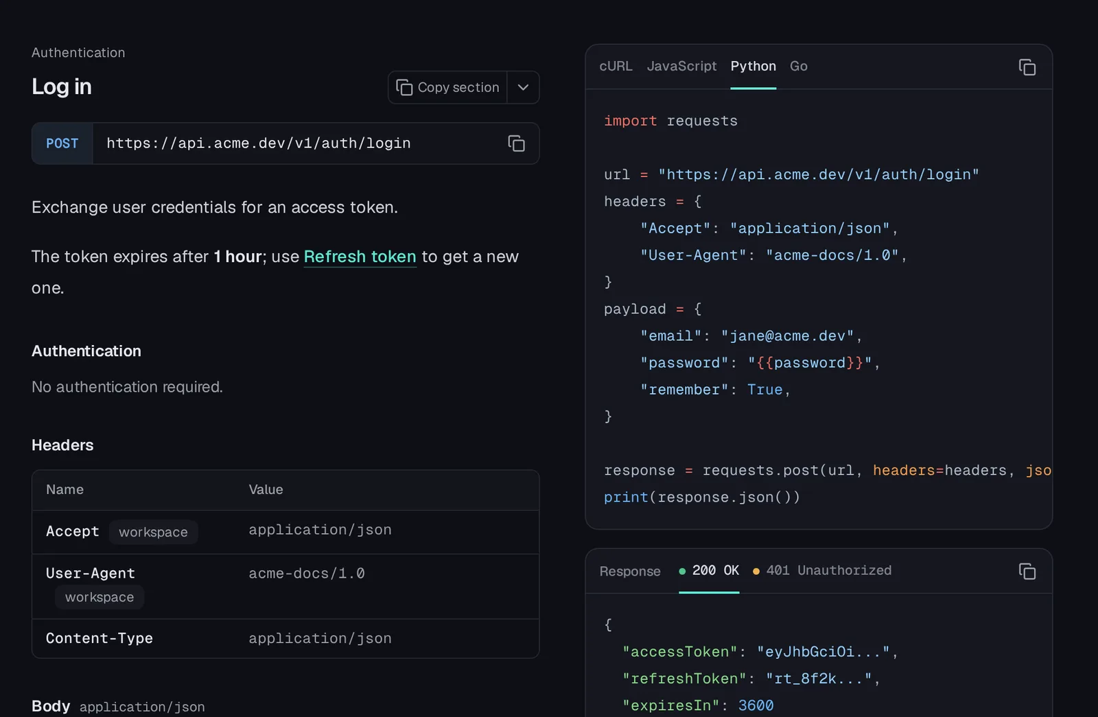 A POST request with its Python example, where the password stays a placeholder, and its example responses.