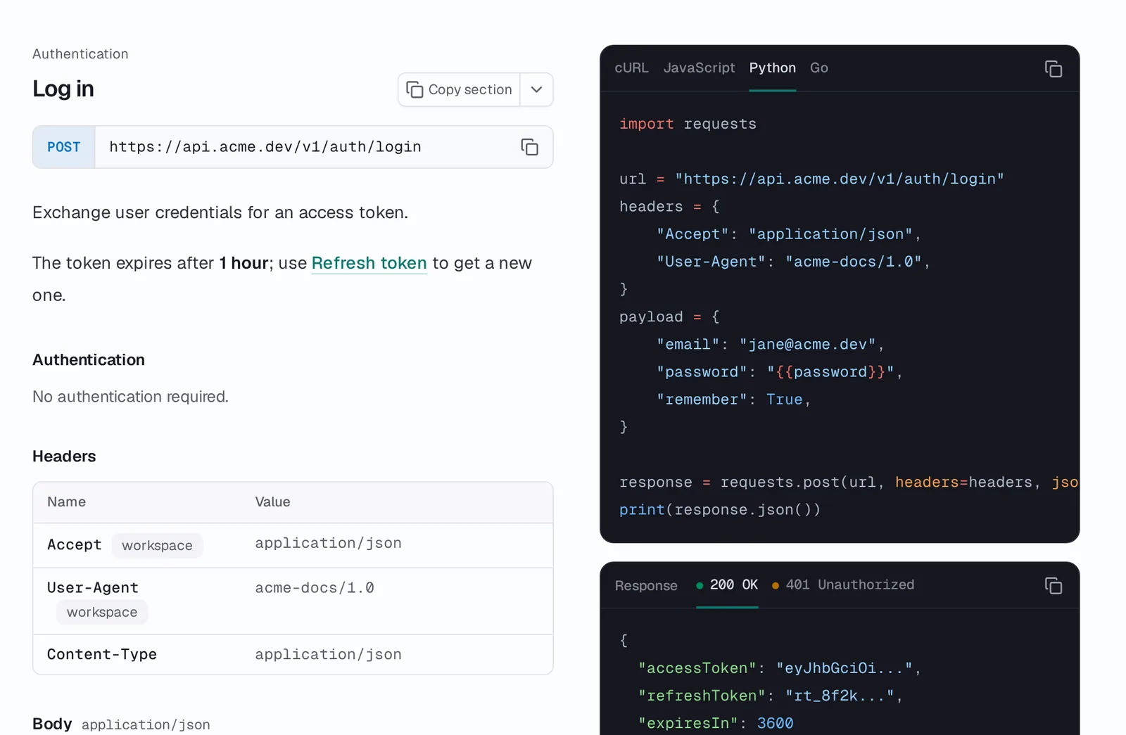 A POST request with its Python example, where the password stays a placeholder, and its example responses.